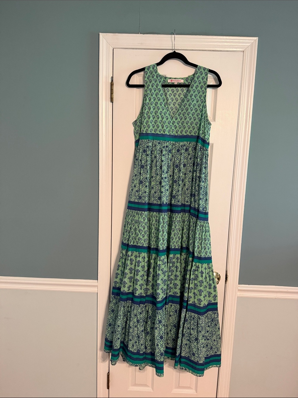 Sleeveless Tiered Maxi Dress in Green with Blue Accents
